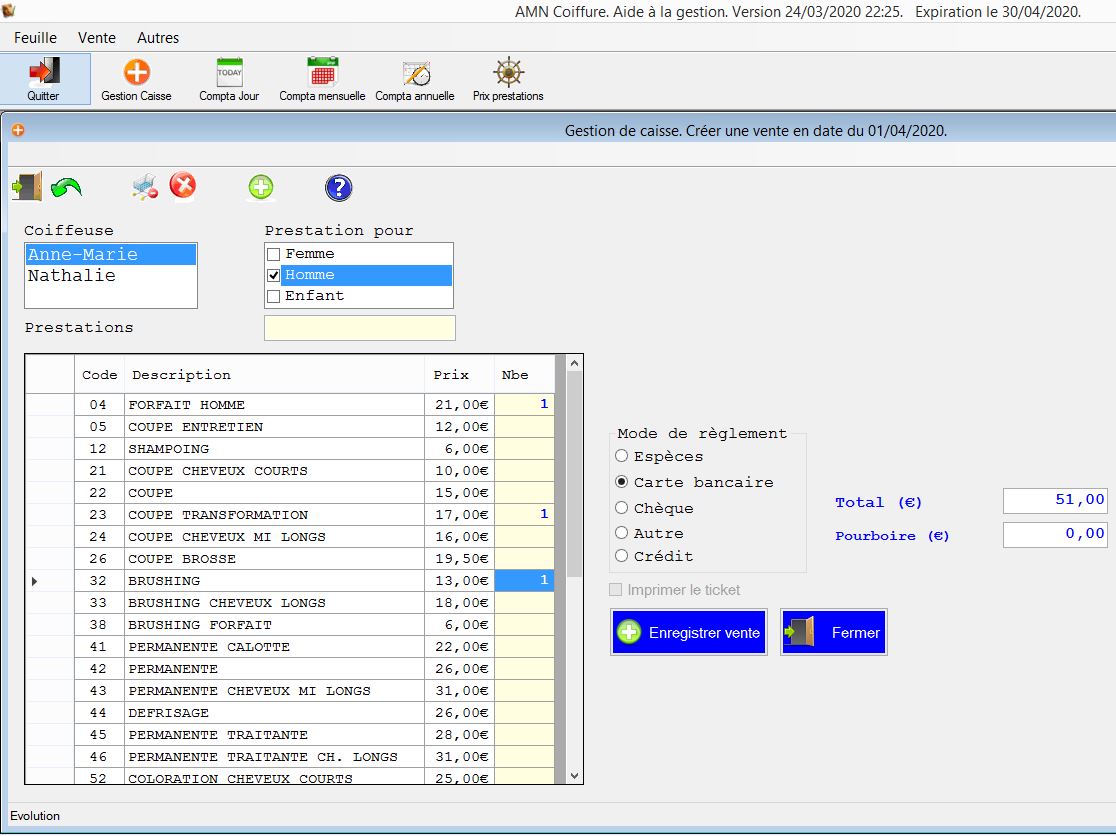 Ecran accueil de l'application de gestion du salon de coiffure AMN à Osny.